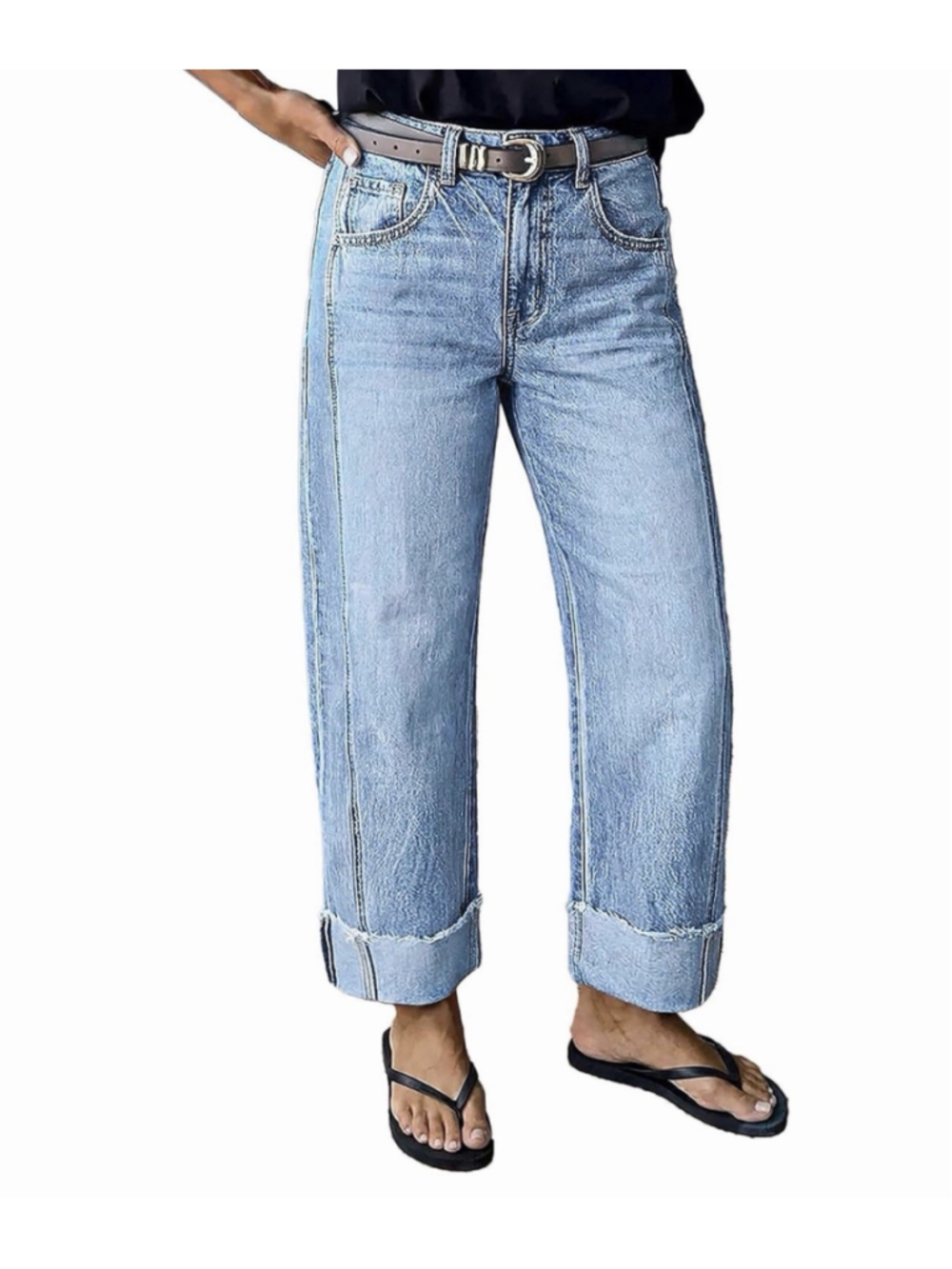 Flamingals mid-rise wide-leg denim pants cuffed hems L